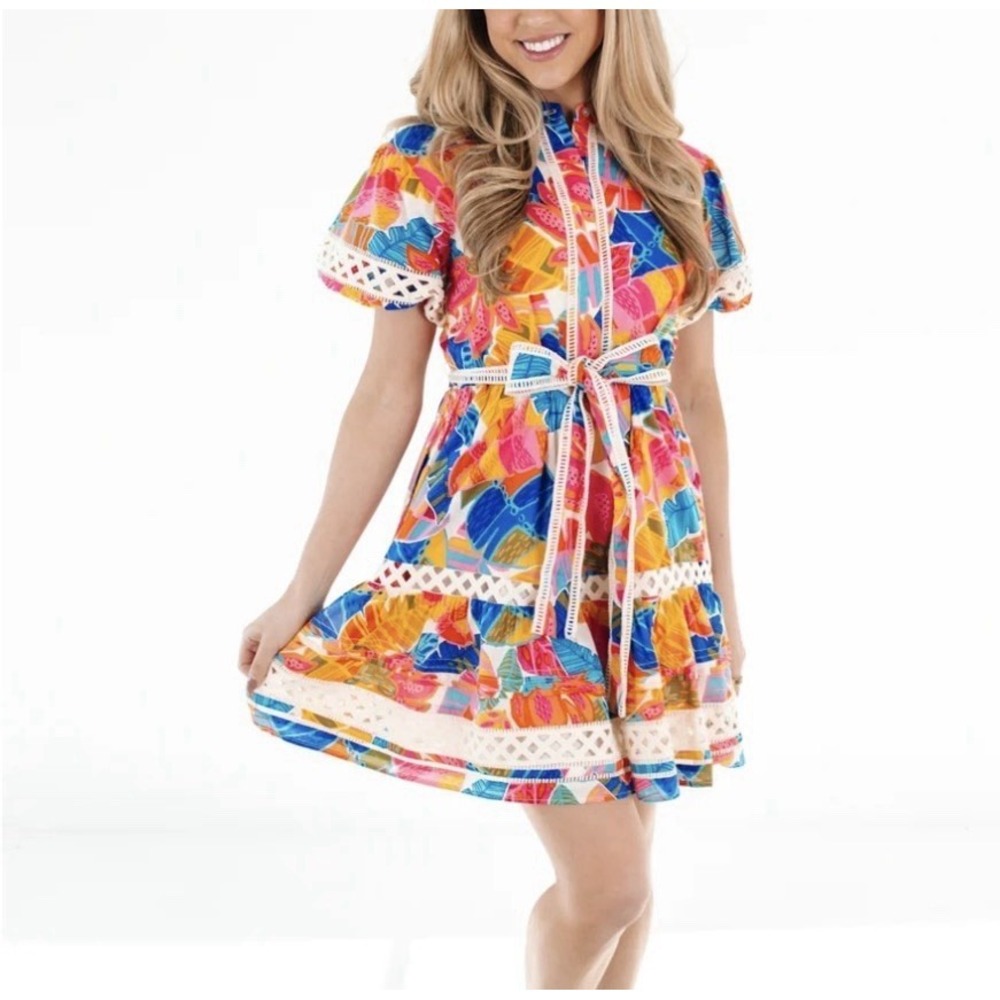 J. Marie Tropical Floral Crochet Lace Trim Mini Dress Pink Blue Orange Medium